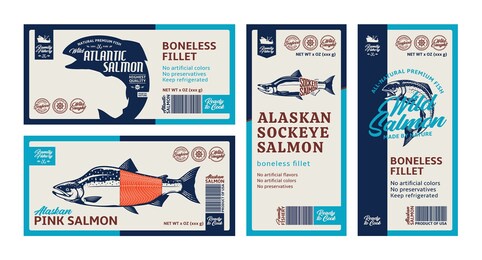 vector salmon horizontal and vertical labels. atlantic, chinook, sockeye and pink salmon fish illustrations. seafood labels for fisheries, groceries, packaging and advertising