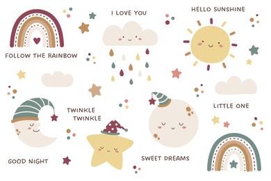 set of sky and weather themed cute characters and design elements. sun, clouds, rainbows, raindrops, moon, crescent, and stars. kawaii characters of sun, cloud, moon, and star.