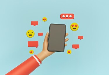 modern social media trendy design. hand holding smartphone with emoji, heart, chat icons. 3d rendering