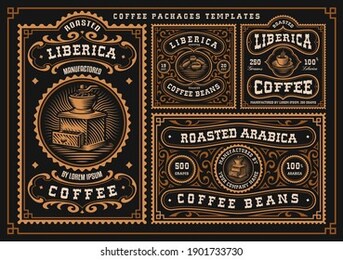 a bundle of vintage coffee labels, these designs can be used as coffee packages in retro style