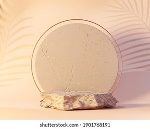 3d render illustration of stone podium with marble and gold circles frame on pastel background, abstract minimal concept for product display, luxury pedestal mockup with palm leaves shadows