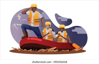 rescue team on rubber boat ready to evacuate flood victim 