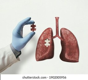puzzle with illustration of human lungs and doctor hand with the missing piece of puzzle. lungs treatment concept.