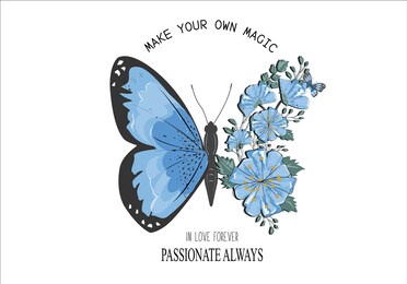 blue butterfly with flowers hand drawn