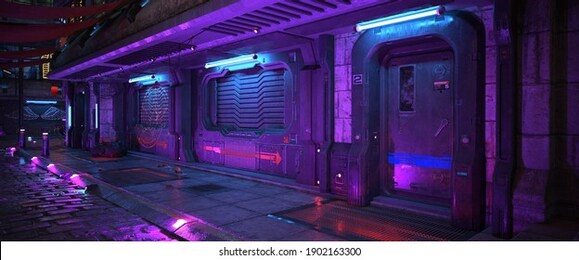 wall of an old building with gates and blue purple neon lights on a street of futuristic city. 3d illustration. beautiful night scene in a cyberpunk style. night urban landscape.