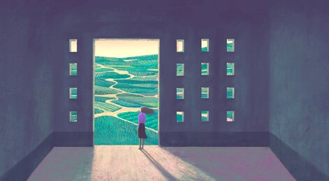 conceptual art, surreal artwork ,hope freedom life dream way and ambition concept. woman looking at fantasy nature , 3d illustration. imagination of happiness painting