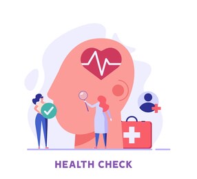 health check up concept web banner. medical doctor examining or checking patient. concept of healthcare, health insurance, medical report. vector illustration for web design