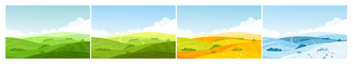 nature field landscape in four seasons. cartoon summer spring autumn winter scenes with green grassland meadow, blue snow hills, yellow wild fields, panorama scenery background