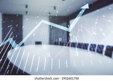 abstract virtual financial graph and upward arrow hologram on a modern coworking room background, financial and trading concept. multiexposure