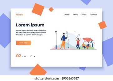 dad and son playing badminton in autumn park. bench, fun, fall flat vector illustration. weekend and sport game concept for banner, website design or landing web page