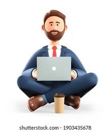 3d illustration of bearded man with laptop sitting on the floor. cartoon smiling businessman in yoga lotus position and using social networks, isolated on white background. workplace concept.