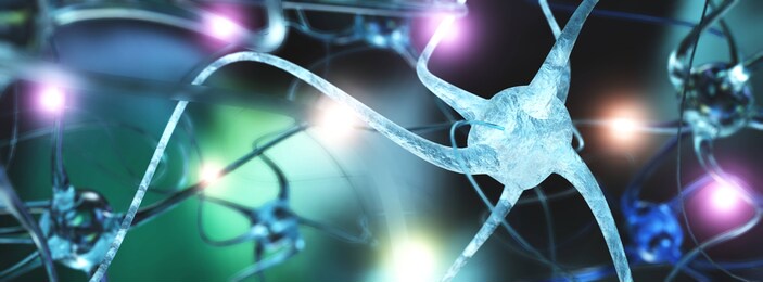 neuron, signal in a neural network, neural network of the brain, neuron close-up, nerve node, nerve signal, 3d rendering