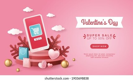 3d style online shop service concept for website, with smartphone objects, shopping bags, plants, love, balls and a pink background