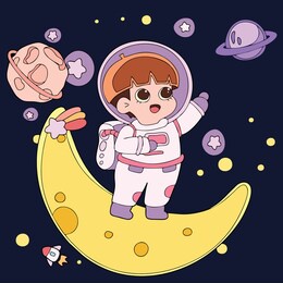 illustration vector art of young children standing on the crescent moon among other celestial objects