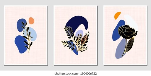 set of abstract illustractions with colorful spots and black and golden flowers. set of creative greeting cards. can be used for any kind of a design. vector template.	