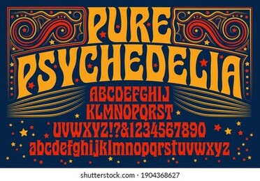 a 1960s style psychedelic alphabet with swirly line art designs