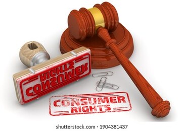 consumer rights. the stamp and an imprint. wooden stamp and red imprint consumer rights with judge's hammer on white surface. 3d illustration