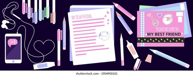 a desk of a penpaller with kawaii outgoing mail, stationery, pens, mobile phone and letters. top view. illustration in a flat style, pastel colors.