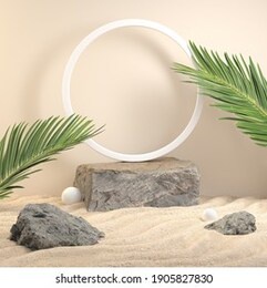 mockup stone platform for show product with palm leaf on the beach abstract background 3d render