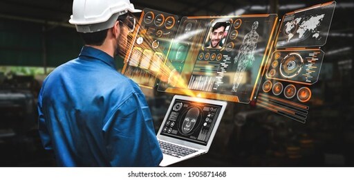 facial recognition technology for industry worker to access machine control . future concept interface showing digital biometric security system that analyze human face to verify personal data .