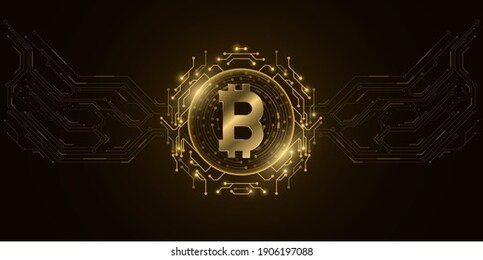 futuristic golden bitcoin digital currency. computer circuit board pattern. concept of online cryptocurrency mining. sci-fi design blockchain for graphic design. vector illustration. eps 10.