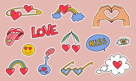 hand drawn cute romantic colorful stickers set. fashion patches of lips, hands, rainbow, hearts, sun glasses, comic bubbles etc. cartoon style. vector illustration