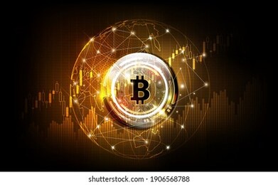 golden bitcoin digital currency, futuristic digital money on global hologram, technology worldwide network concept, vector illustration