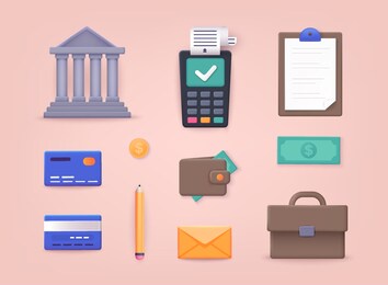 money, finance, payments. collection of business workflow items and elements, finance and marketing objects. 3d vector illustrations.