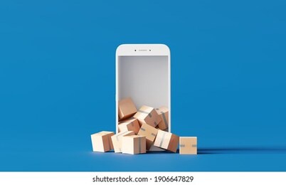 online parcel delivery. boxes on smartphone on blue background. 3d rendering 