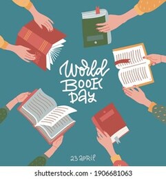 world book day greeting banner with hand drawn lettering. many hands holding open books on teal background. education flat vector illustration