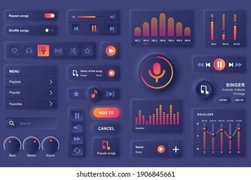 user interface elements for music mobile app. unique neumorphic design ui, ux, gui, kit elements template. neumorphism style. different form, components, button, menu, sound vector icons.