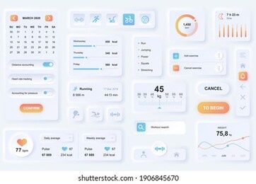 user interface elements for fitness mobile app. unique neumorphic design ui, ux, gui, kit elements template. neumorphism style. different form, components, button, menu, sport vector icons.