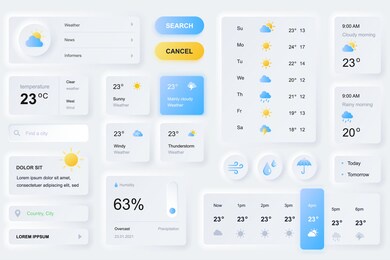user interface elements for weather forecast mobile app. unique neumorphic design ui, ux, gui, kit elements template. neumorphism style. different form, components, button, menu, weather vector icons.