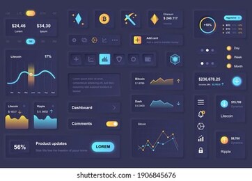 user interface elements for cryptocurrency mobile app. unique neumorphic design ui, ux, gui, kit elements template. neumorphism style. different form, components, button, menu, bitcoin vector icons.