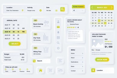 user interface elements for travel agency mobile app. unique neumorphic design ui, ux, gui, kit elements template. neumorphism style. different form, components, button, menu, travel vector icons.