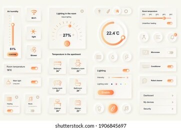 user interface elements for smart home mobile app. unique neumorphic design ui, ux, gui, kit elements template. neumorphism style. different form, components, button, menu, vector icons.