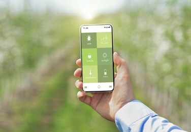 futuristic iot technologies in agriculture, smart garden. agronomist using cellphone to monitor plant growth data, checking humidity, temperature, life cycle, performing pest control, collage