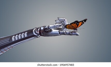 3d render of an orange butterfly sitting on a detailed robotic forefinger. isolated on color background