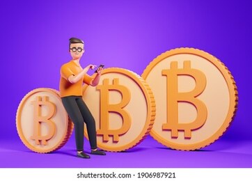 cartoon character man in glasses yellow tshirt use smartphone with three bitcoins over purple background. cryptocurrency trading concept. 3d render illustration.