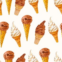 seamless pattern with ice cream waffle cones. watercolor illustration on texture paper. vintage style. vector.