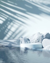 minimal cool-tone background for product and cosmetic presentation. the white stone podium on the water in front of sunshade shadow with a cold winter mood. realistic, render 3d  illustration.