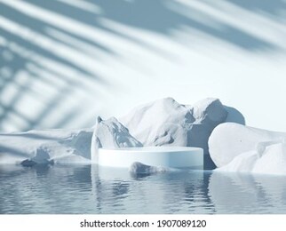 minimal cool-tone background for product and cosmetic presentation. the white stone podium on the water in front of sunshade shadow with a cold winter mood. realistic, render 3d  illustration.