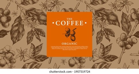 pattern coffee branch, beans, and flower in hand drawing style template for background cover packaging brand coffee