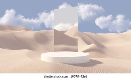 3d stone pedestal premium podium with mirror behind. sand dunes background. minimal abstract cosmetic background for product presentation. blank showcase mockup with empty round stage. 3d rendering.