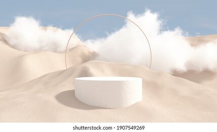 3d render abstract platform podium on water and waving curtains. realistic pastel mock-up for products promotion. abstract modern minimal background with emty podium.