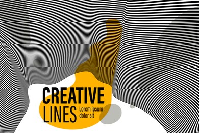 3d black and white lines in perspective with yellow fluid liquid paint splat abstract vector background, linear perspective pattern op art.