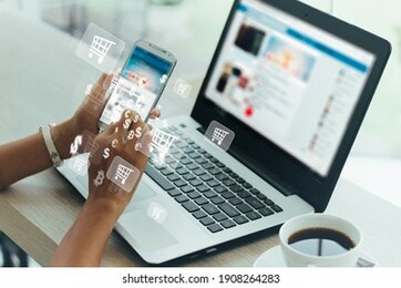 businesswoman phone and laptop using , online shopping concept.