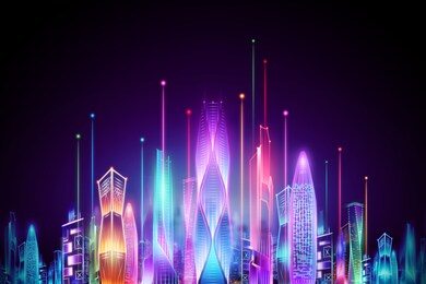 hologram smart city night neon on dark background, big data transmission technology concept. 3d rendering, 3d illustration