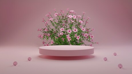 3d rendering flower background pink color with geometric shape podium for product display, minimal concept, premium illustration pastel floral elements, beauty, cosmetic.