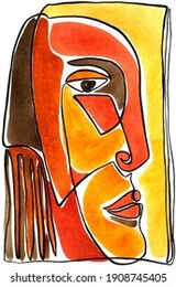 watercolor illustration, surreal face in the style of picasso. combined with linear elements. unusual, adorable and hand-drawn illustration for your modern fashion design.
